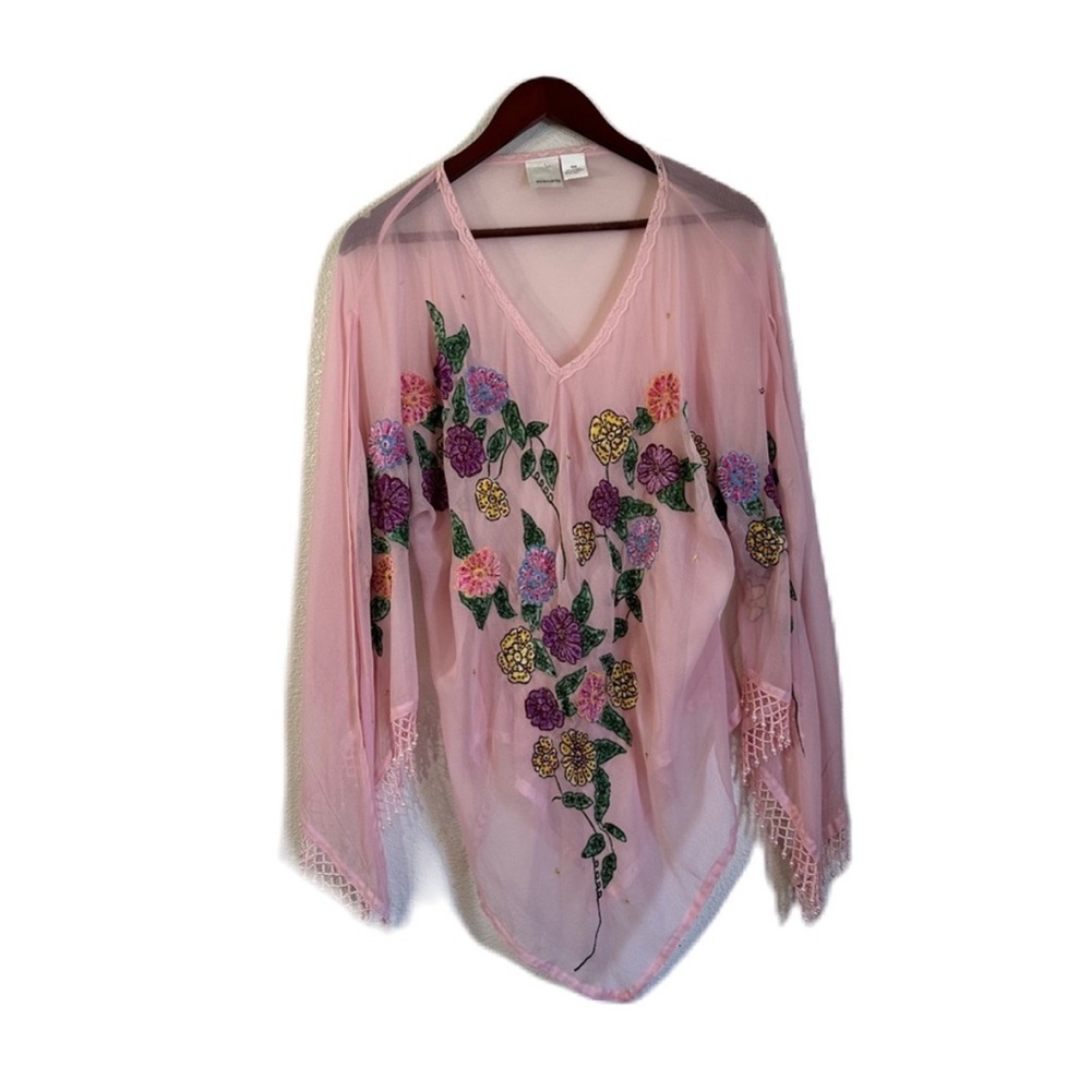 Roamans Pink Sheer Floral Beaded Long Sleeve Top - Picture 5 of 16